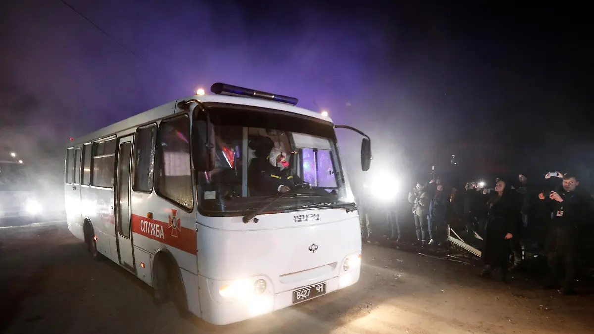 Buses transporting evacuees from coronavirus-hit China's Hubei province drive past demonstrators during a protest against their arrival near a sanatorium in the village of Novi Sanzhary in Poltava region, Ukraine February 20, 2020. REUTERS/Valentyn Ogirenko