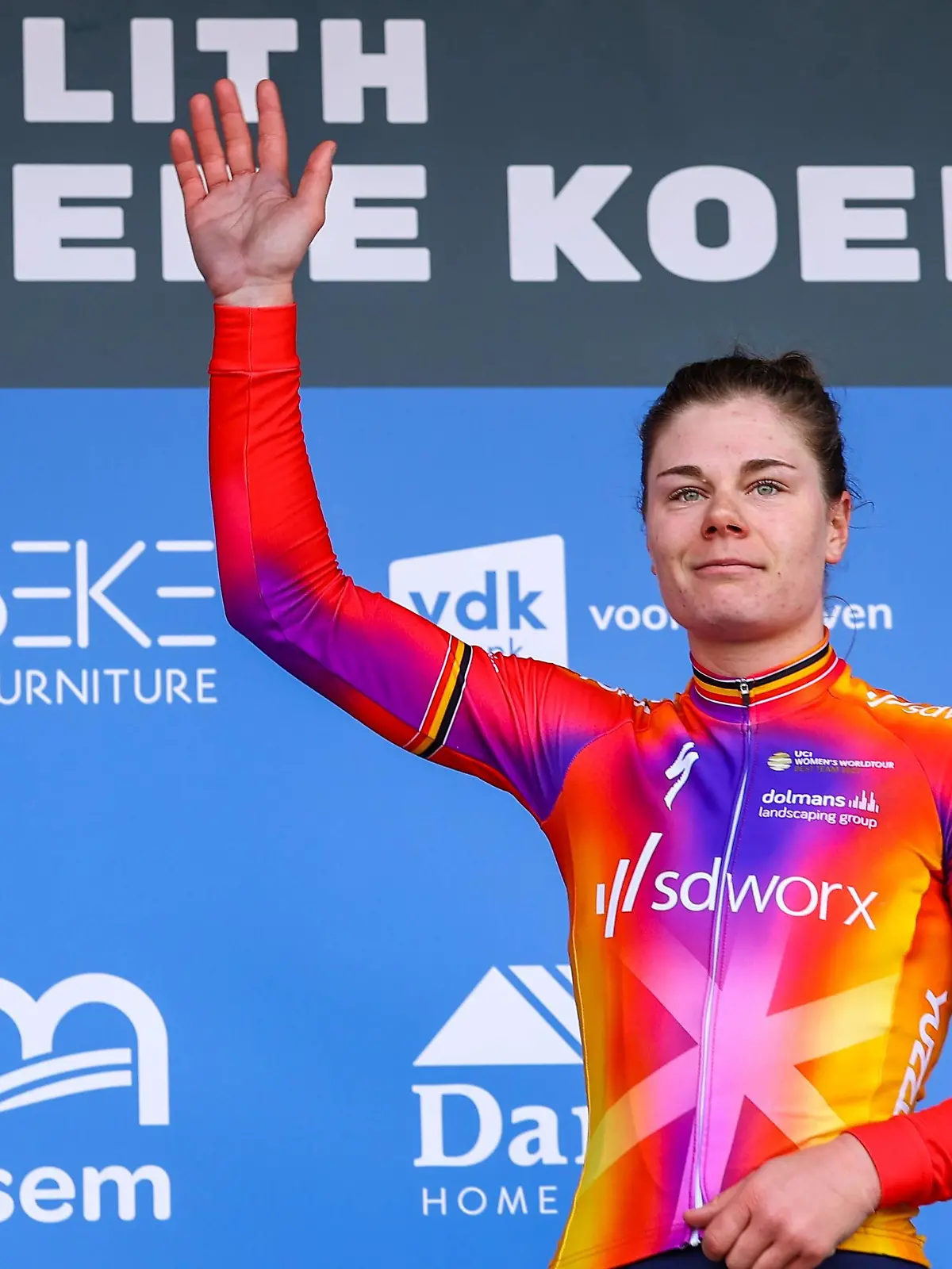 Belgian Lotte Kopecky of SD Worx celebrates on the podium after winning the Nokere Koerse one day cycling race, 129,1 km from Deinze to Nokere, Wednesday 15 March 2023. DAVIDxPINTENS PUBLICATIONxNOTxINxBELxFRAxNED x63001684x