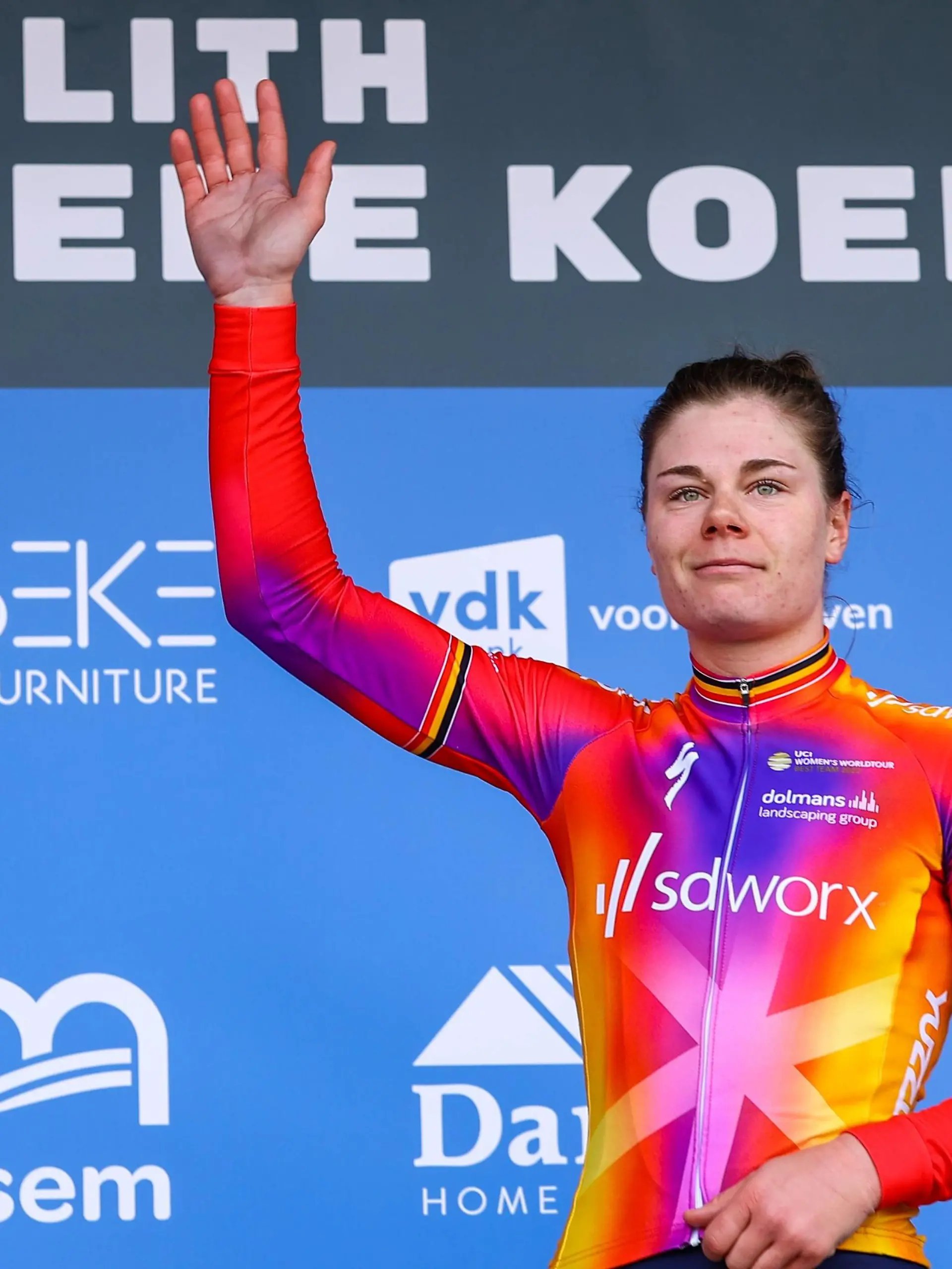 Belgian Lotte Kopecky of SD Worx celebrates on the podium after winning the Nokere Koerse one day cycling race, 129,1 km from Deinze to Nokere, Wednesday 15 March 2023. DAVIDxPINTENS PUBLICATIONxNOTxINxBELxFRAxNED x63001684x