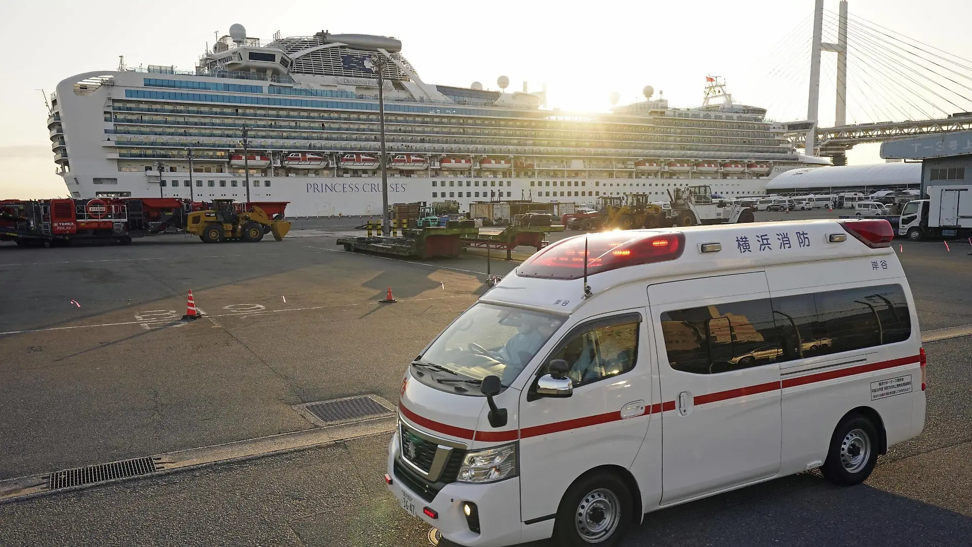 New coronavirus An ambulance moves away from the cruise ship Diamond Princess docked in Yokohama near Tokyo on Feb. 11, 2020. The vessel has been kept in quarantine after the detection of a new coronavirus infection among people aboard. PUBLICATIONxINxGERxSUIxAUTxHUNxONLY