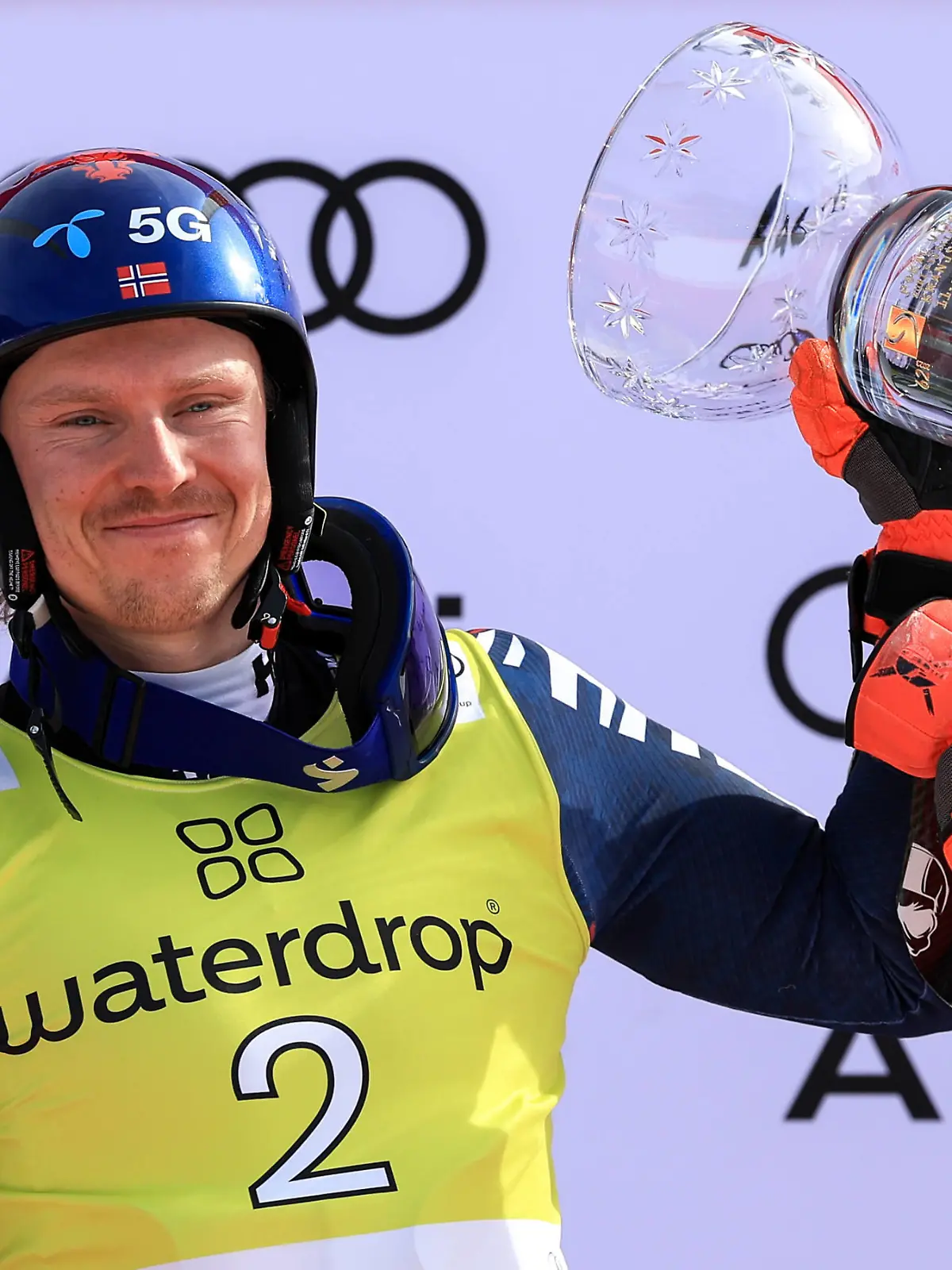 ALPINE SKIING - FIS WC Kranjska Gora KRANJSKA GORA,SLOVENIA,12.MAR.23 - ALPINE SKIING - FIS World Cup, giant slalom, men. Image shows the rejoicing of Henrik Kristoffersen NOR. Keywords: trophy. PUBLICATIONxNOTxINxAUTxSUIxSWE GEPAxpictures/xMarioxBuehner
