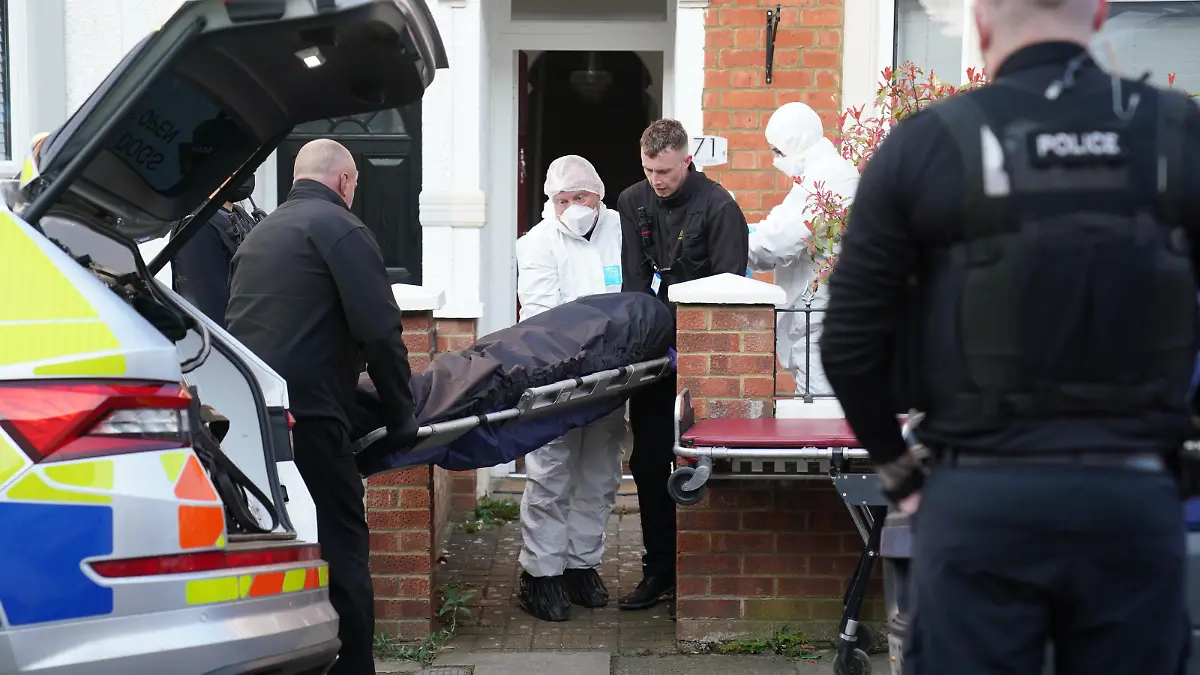 Body found in Northampton garden. The body is removed from the property in Moore Street, Kingsley, Northampton following its discovery in the rear garden. The remains are expected be taken to Leicester where they will be forensically examined by a Home Office pathologist but are believed to be that of a missing 42-year-old male. The investigation was mounted following the arrest of Fiona Beal, 48, at a hotel in Cumbria early on Wednesday morning. She has now been charged with murder. Picture date: Sunday March 20, 2022. See PA story POLICE Northampton. Photo credit should read: Jacob King/PA Wire URN:65964231