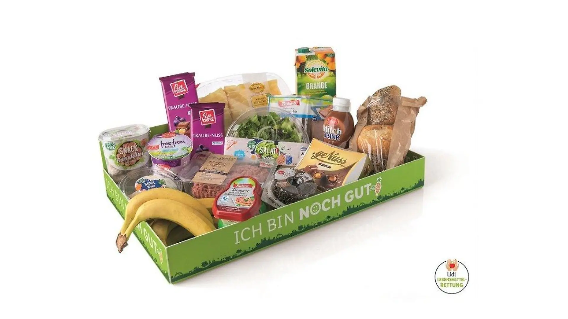 Flache, grüne Pappbox mit der Aufschrift: Ich bin noch gut. Pappbox enthält Bananen, Joghurt, Brötchen und Schokolade.
