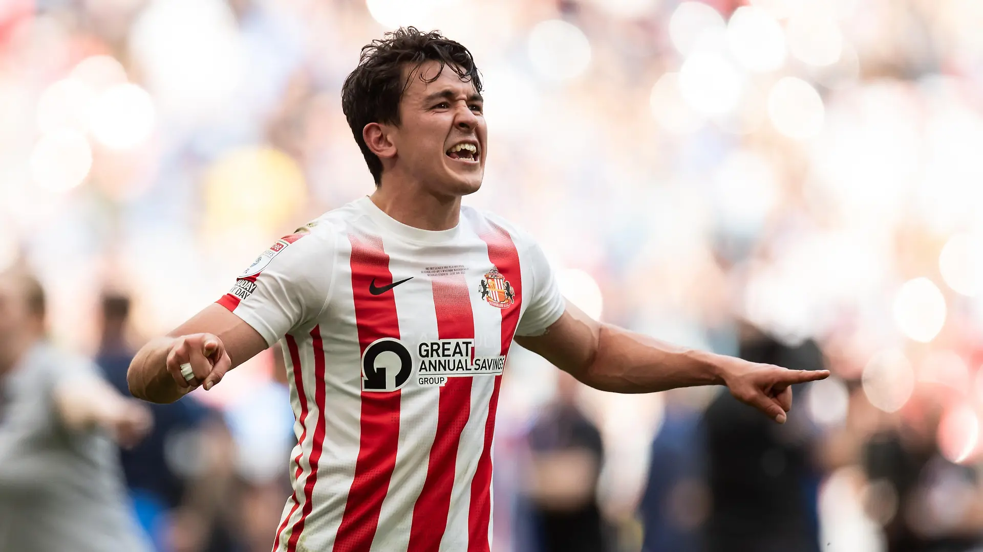 Luke O Nien of Sunderland smiles during the Sky Bet League 1 match between Sunderland and Wycombe Wanderers at Wembley Stadium, London on Saturday 21st May 2022. (Photo by Federico Maranesi/MI News/NurPhoto)