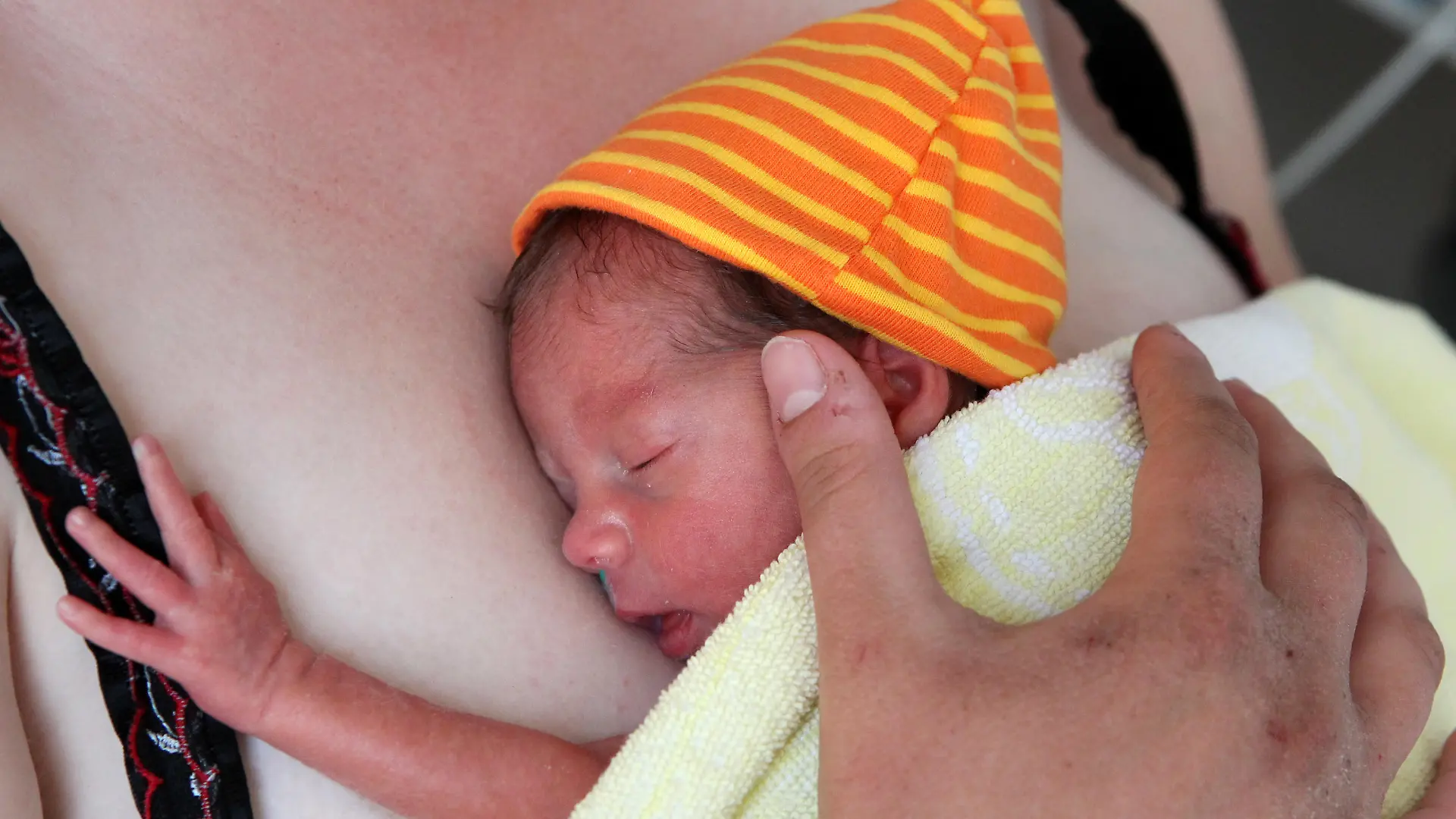 Auf der Pädiatrischen Intensivstation des Dietrich-Bonhoeffer-Klinikums in Neubrandenburg hat eine Mutter am Dienstag (11.05.2010) ihre Tochter Eni-Rose beim sogenannten Kängeruhen auf der Brust zu liegen. Der intensive Körperkontakt soll die Entwicklung des Frühchens positiv beeinflussen. Eni-Rose kam vor 21 Tagen in der 31. Schwangerschaftswoche mit einem Gewicht von 1.480 Gramm zur Welt. An der Neubrandenburger Klinik wurde am gleichen Tag das Vorsorgeprojekt "Willkommen Baby" zur Senkung der Zahl der Frühgeburten vorgestellt. Foto: Bernd Wüstneck dpa/lmv (zu lmv 4216 vom 11.05.2010)