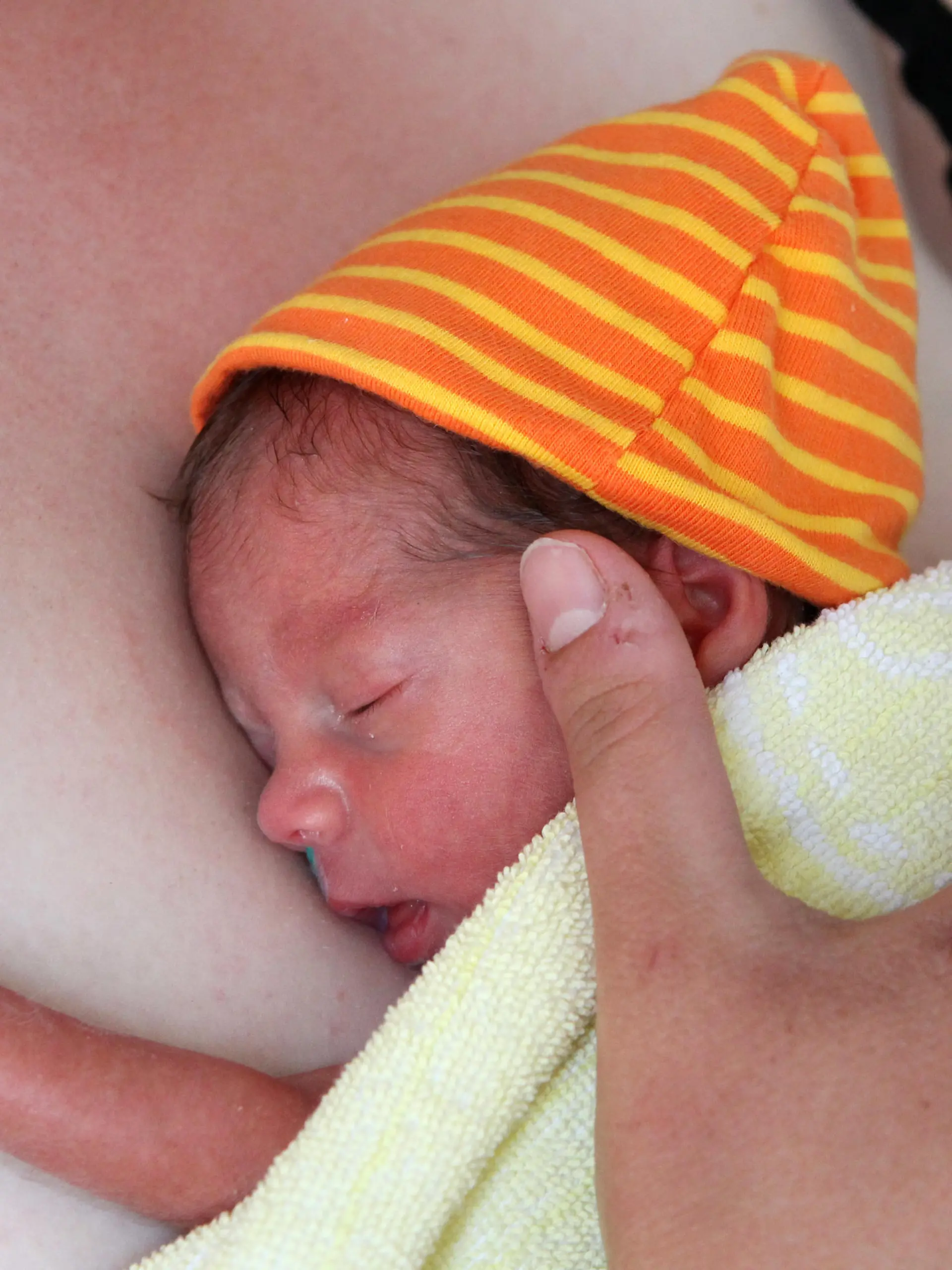 Auf der Pädiatrischen Intensivstation des Dietrich-Bonhoeffer-Klinikums in Neubrandenburg hat eine Mutter am Dienstag (11.05.2010) ihre Tochter Eni-Rose beim sogenannten Kängeruhen auf der Brust zu liegen. Der intensive Körperkontakt soll die Entwicklung des Frühchens positiv beeinflussen. Eni-Rose kam vor 21 Tagen in der 31. Schwangerschaftswoche mit einem Gewicht von 1.480 Gramm zur Welt. An der Neubrandenburger Klinik wurde am gleichen Tag das Vorsorgeprojekt "Willkommen Baby" zur Senkung der Zahl der Frühgeburten vorgestellt.  Foto: Bernd Wüstneck dpa/lmv (zu lmv 4216 vom 11.05.2010)