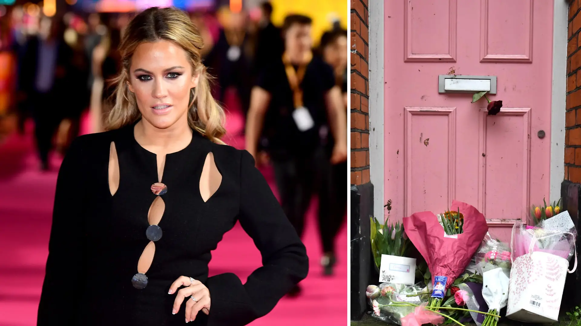 Caroline Flack und Blumen vor ihrem ehemaligen Haus in London