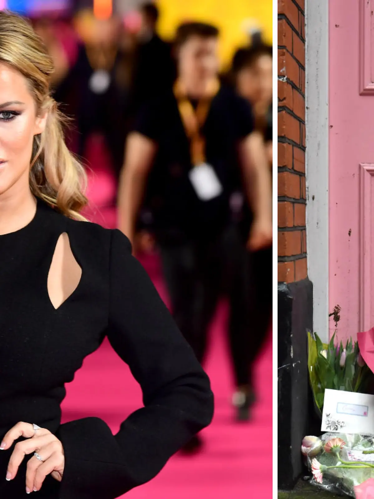 Caroline Flack und Blumen vor ihrem ehemaligen Haus in London