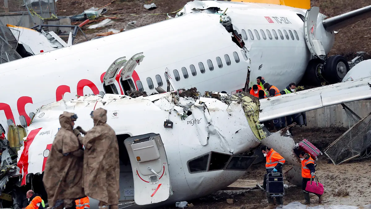 People work at the Pegasus Airlines Boeing 737-86J plane wreckage, after it overran the runway during landing and crashed, at Istanbul's Sabiha Gokcen airport, Turkey February 6, 2020. REUTERS/Murad Sezer