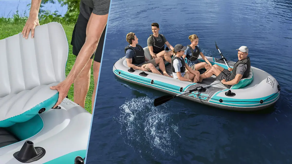 Schlaiuchboot mit Menschen im Wasser