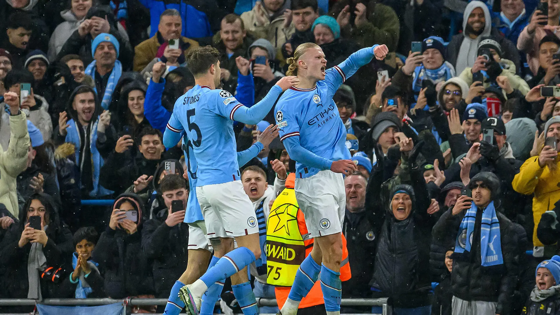 Manchester City v RB Leipzig Champions League 14/03/2023 GOAL 1-0 Erling Haaland of Manchester City scores his first goal the Champions League match between Manchester City and RB Leipzig at the Etihad Stadium, Manchester, England on 14 March 2023. Manchester Etihad Stadium Manchester England Editorial use only , Copyright: xMalcolmxMackenziex PSI-17063-0008