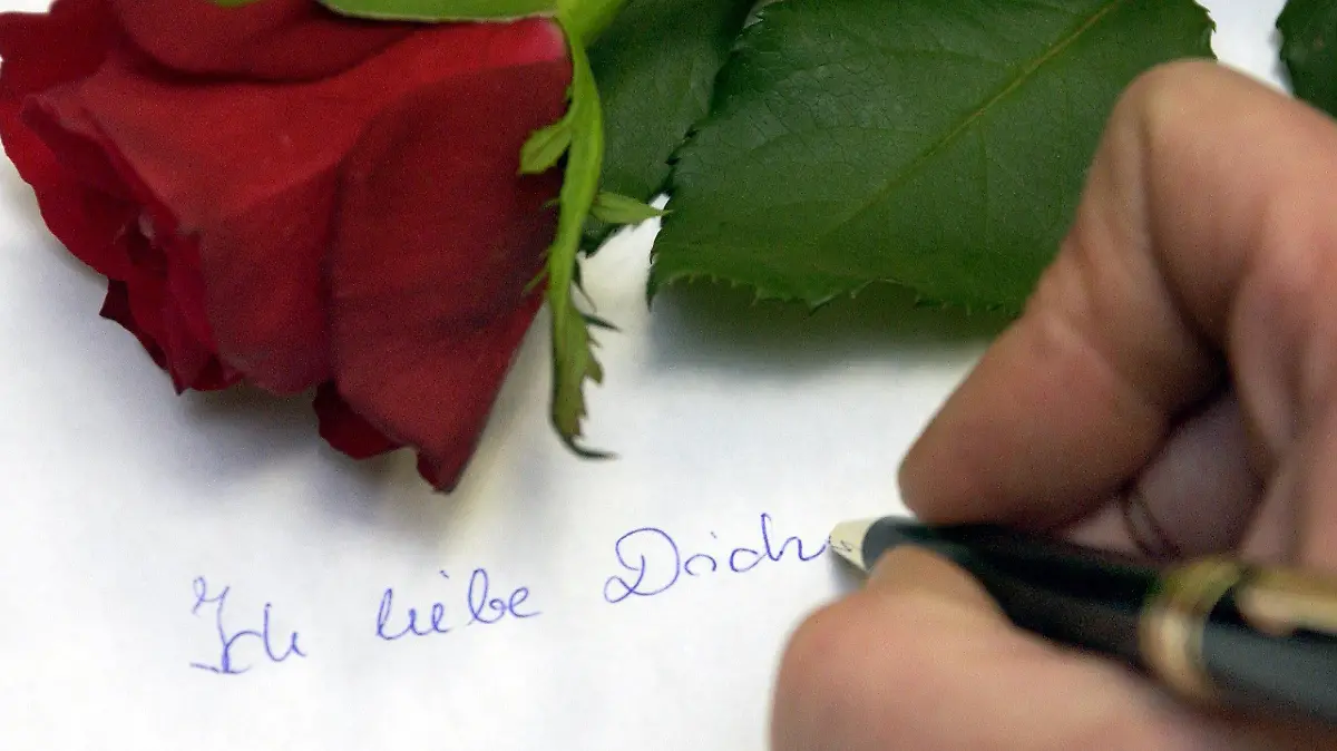 Frankfurt (Oder) (Brandenburg): Ein Mann schreibt am 10.02.2004 in Frankfurt (Oder) auf eine Blatt Papier auf dem eine rote Rose liegt "Ich liebe Dich". Am 14. Februar ist Valentinstag - Tag der Liebenden. An diesem Tag wird man von seinem oder seiner Liebsten beschenkt oder macht dem Menschen, der einem viel bedeutet, eine Freude. Dieser Brauch geht auf den Priester Valentin zurück. Valentin lebte im dritten Jahrhundert nach Christus in Rom. Trotz eines kaiserlichen Verbotes soll Valentin christliche Trauungen vorgenommen haben. Dies war schließlich auch sein Todesurteil, was am 14. Februar 269 vollstreckt wurde.