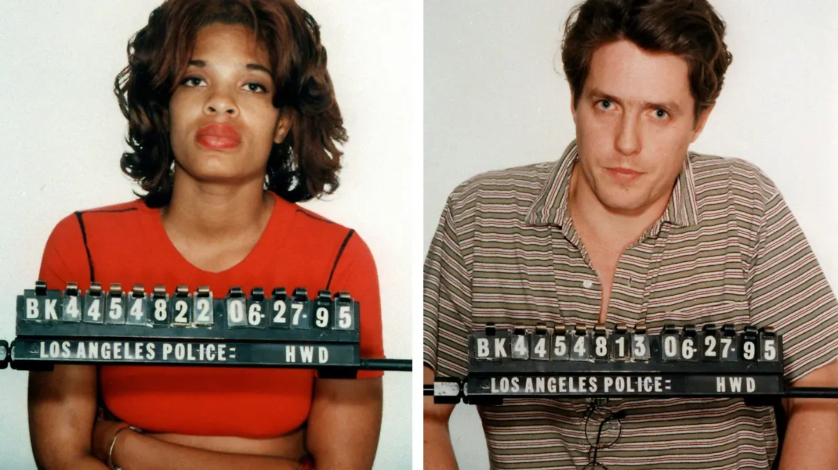 Polizeifotos von Hugh Grant und der amerikanischen Prostituierten Divine Brown nach ihrer vorübergehenden Festnahme (Archivfotos vom 27.6.1995). Der britische Schauspieler war von der Polizei bei "illegalem Sex" mit der Prostituierten in flagranti in seinem Auto erwischt und vorübergehend festgenommen. Grant und seine Freundin Liz Hurley  haben sich auf eine «vorübergehende Auszeit» verständigt. «Es ist eine Entscheidung in beiderseitigem Einvernehmen», sagte ein Sprecher des Paars am 23.5.2000 in London. Zu einer schweren Beziehungskrise kam es 1995, als Grant in Los Angeles festgenommen und beschuldigt wurde, in einem Auto Sex mit einer Prostituierten gehabt zu haben. Liz Hurley zeigte sich «traurig und verwirrt», Grant gestand «wahnwitziges Verhalten» ein. Die beiden versöhnten sich jedoch und bezogen im vergangenen Jahr ein gemeinsames Haus in dem vornehmen Londoner Stadtteil Chelsea.