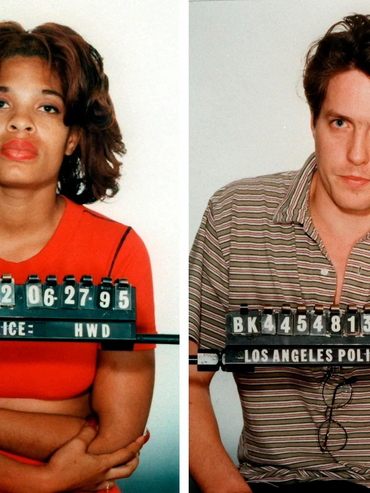 Polizeifotos von Hugh Grant und der amerikanischen Prostituierten Divine Brown nach ihrer vorübergehenden Festnahme (Archivfotos vom 27.6.1995). Der britische Schauspieler war von der Polizei bei "illegalem Sex" mit der Prostituierten in flagranti in seinem Auto erwischt und vorübergehend festgenommen. Grant und seine Freundin Liz Hurley  haben sich auf eine «vorübergehende Auszeit» verständigt. «Es ist eine Entscheidung in beiderseitigem Einvernehmen», sagte ein Sprecher des Paars am 23.5.2000 in London. Zu einer schweren Beziehungskrise kam es 1995, als Grant in Los Angeles festgenommen und beschuldigt wurde, in einem Auto Sex mit einer Prostituierten gehabt zu haben. Liz Hurley zeigte sich «traurig und verwirrt», Grant gestand «wahnwitziges Verhalten» ein. Die beiden versöhnten sich jedoch und bezogen im vergangenen Jahr ein gemeinsames Haus in dem vornehmen Londoner Stadtteil Chelsea.