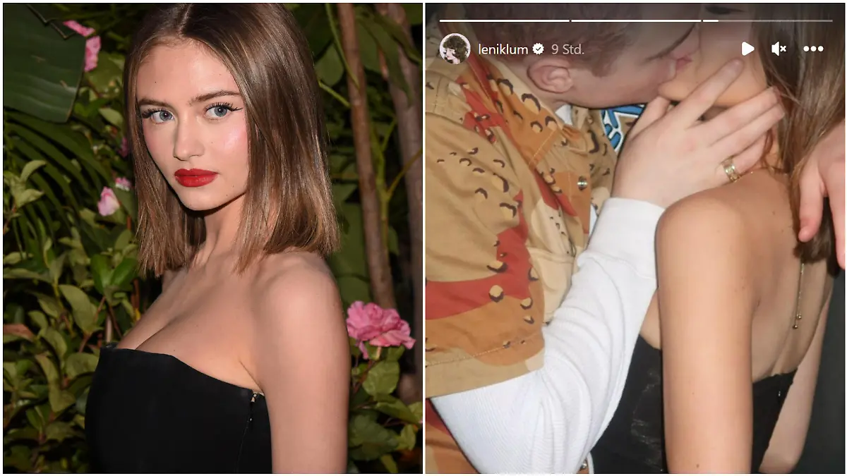 Collage, v.l.: Leni Klum posiert mit roten Lippen auf einem roten Teppich; Leni Klum und ihr Freund Aris knutschen innig.