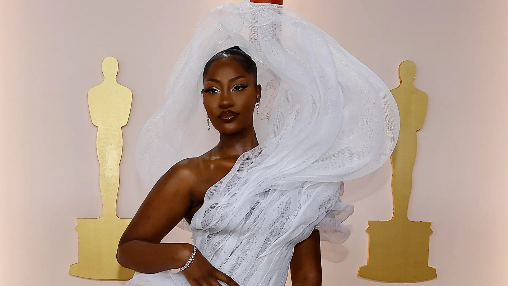 Tems poses on the champagne-colored red carpet during the Oscars arrivals at the 95th Academy Awards in Hollywood, Los Angeles, California, U.S., March 12, 2023. REUTERS/Eric Gaillard