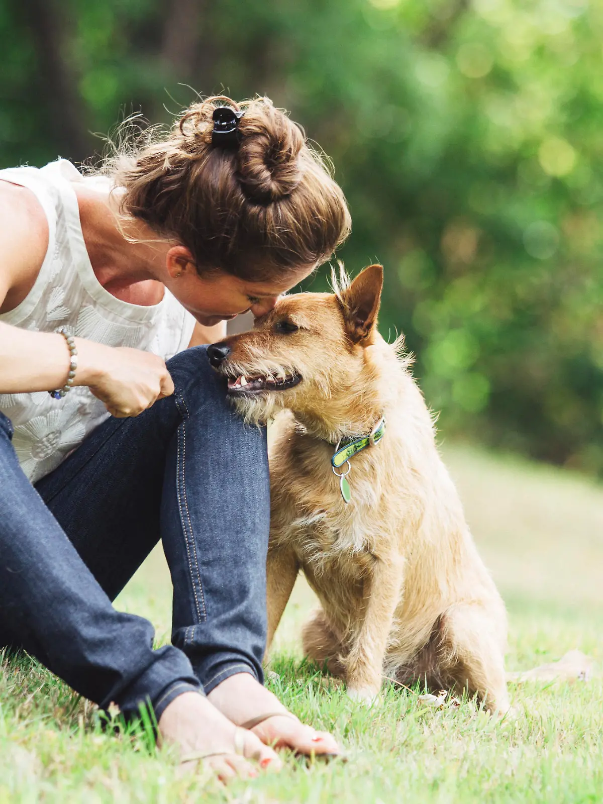 A mature Caucasian woman has relaxing fun playing with her dog in a beautiful park setting.  She lovingly talks to him with a smile on her face.  They rest in the grass, the woman arm over the dog.  Horizontal image with copy space.
