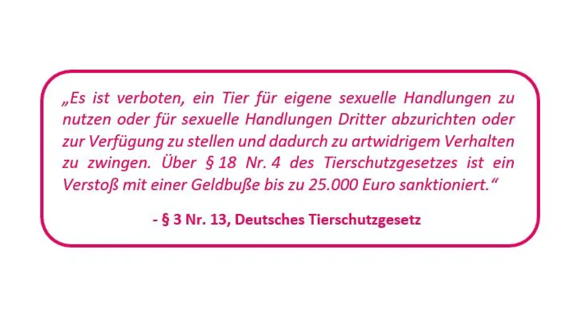 Der Tatbestand Zoophilie wird im Deutschen Tierschutzgesetz behandelt.
