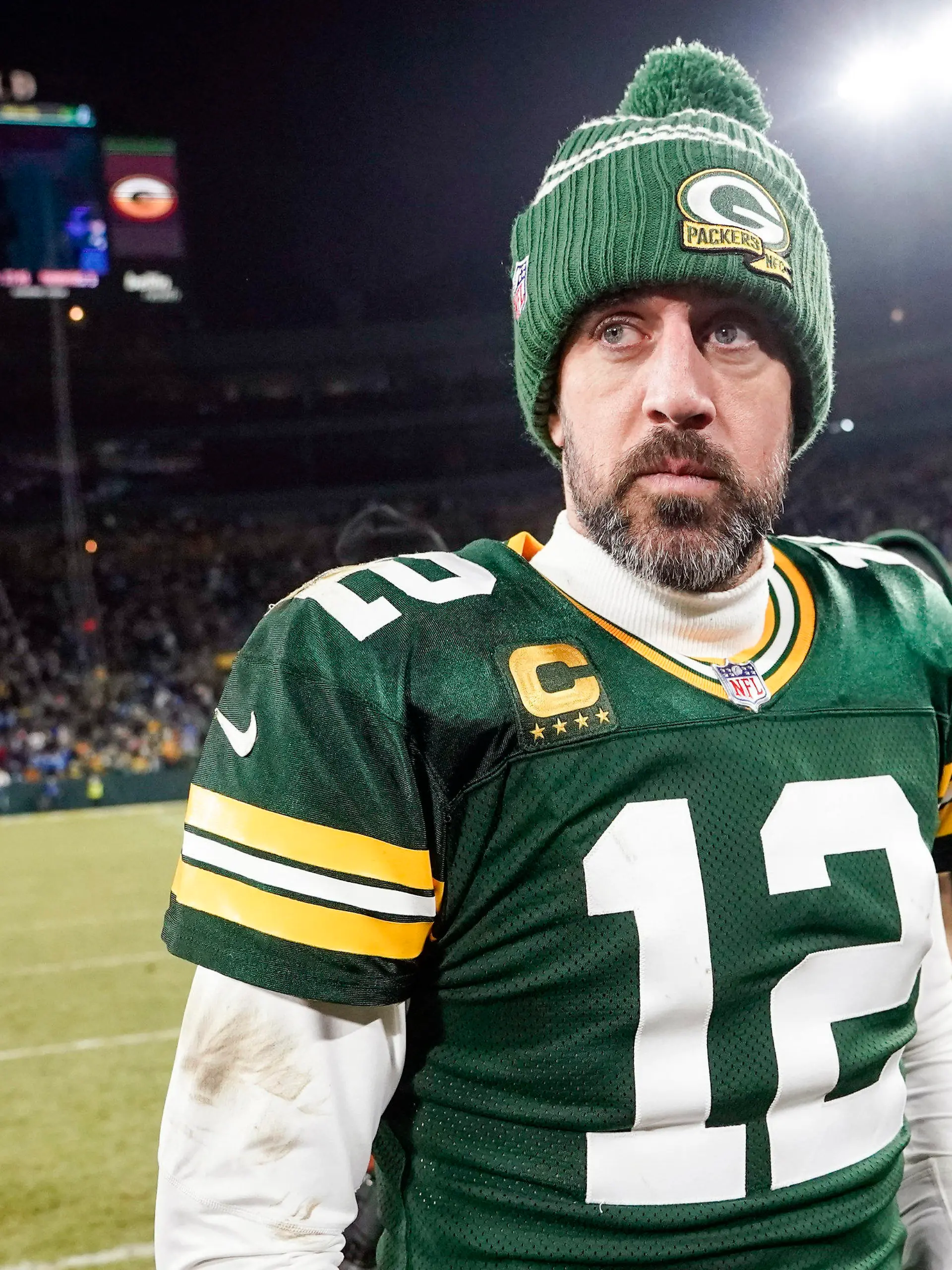 FILE - Green Bay Packers' Aaron Rodgers walks off the field after an NFL football game against the Detroit Lions, Sunday, Jan. 8, 2023, in Green Bay, Wis. Rodgers says he will make a decision on his future “soon enough” as the four-time MVP quarterback ponders whether to play this season and if his future remains with the Packers. (AP Photo/Morry Gash, File)