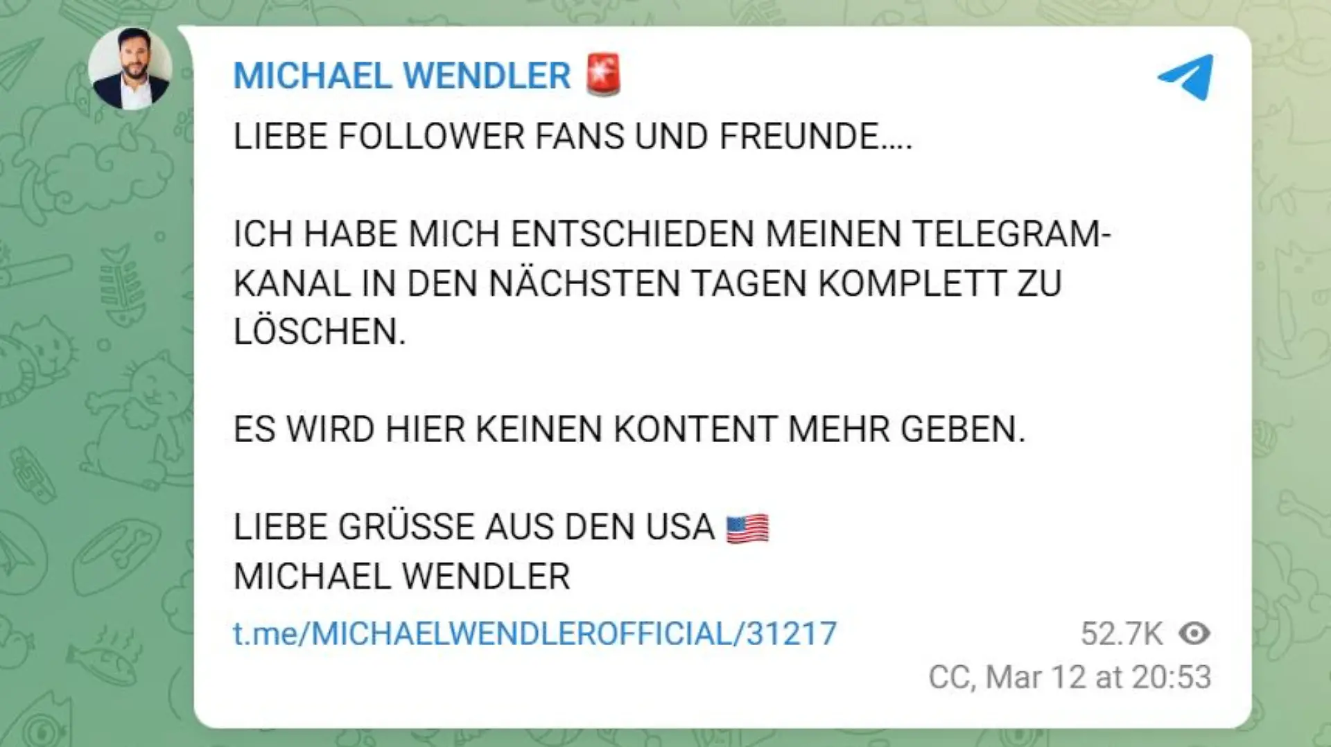 So kündigt Michael Wendler sein Telegram-Aus an