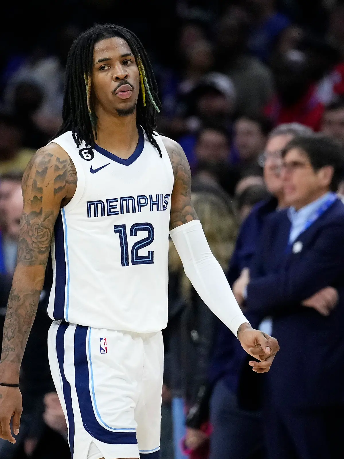 Memphis Grizzlies' Ja Morant walks the court during the final seconds of an NBA basketball game against the Philadelphia 76ers, Thursday, Feb. 23, 2023, in Philadelphia. (AP Photo/Matt Slocum)
