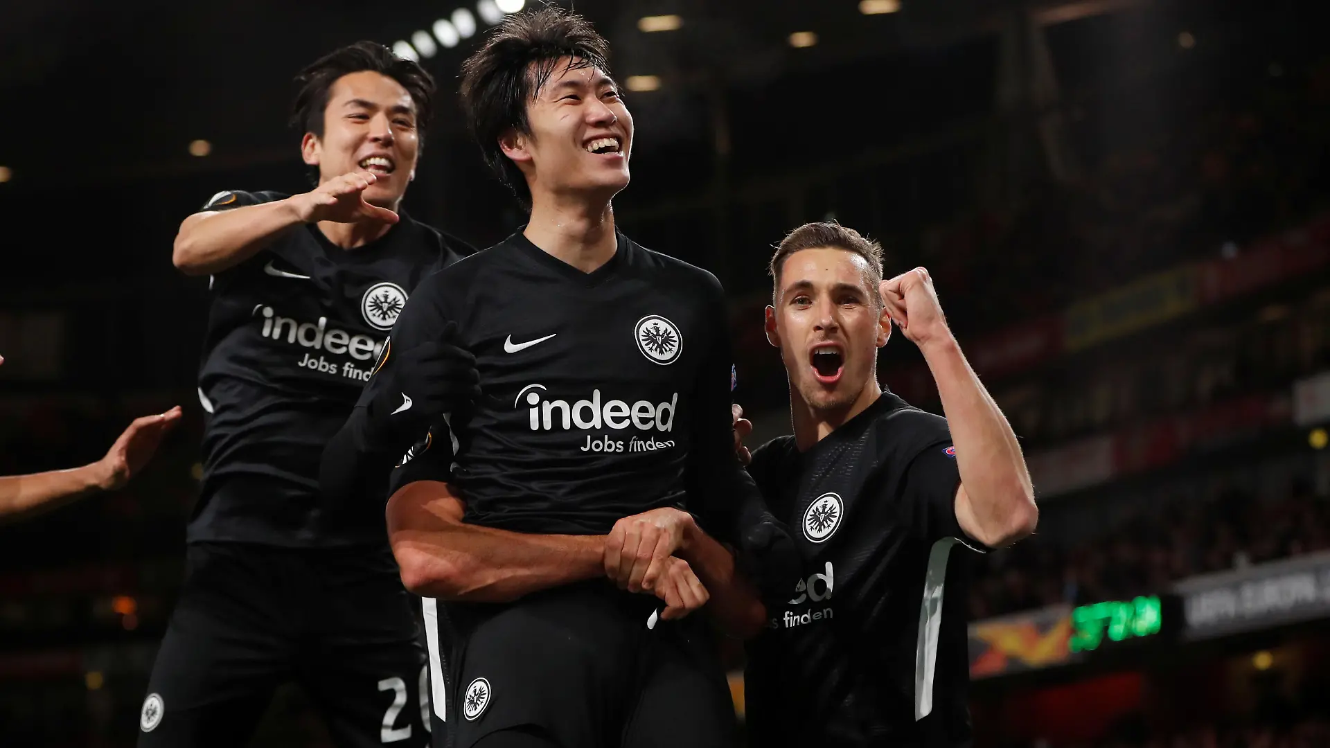 Soccer Football - Europa League - Group F - Arsenal v Eintracht Frankfurt - Emirates Stadium, London, Britain - November 28, 2019 Eintracht Frankfurt's Daichi Kamada celebrates scoring their second goal with teammates Action Images via Reuters/Paul Childs