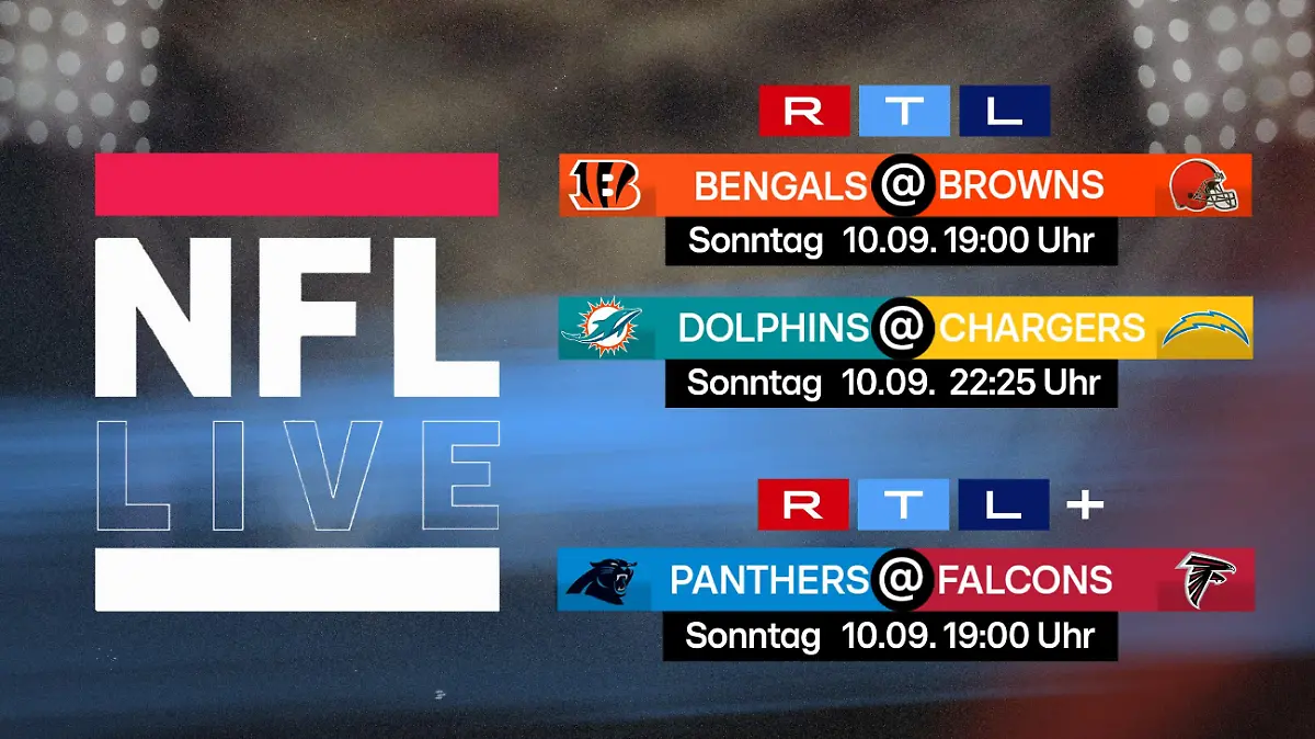 Die Spiele der Week 1 auf RTL und RTL+: Bengala@Browns - Dolphins@Chargers - Panthers@Falcons
Die Verwendung des sendungsbezogenen Materials ist nur mit dem Hinweis und Verlinkung auf RTL+ gestattet.