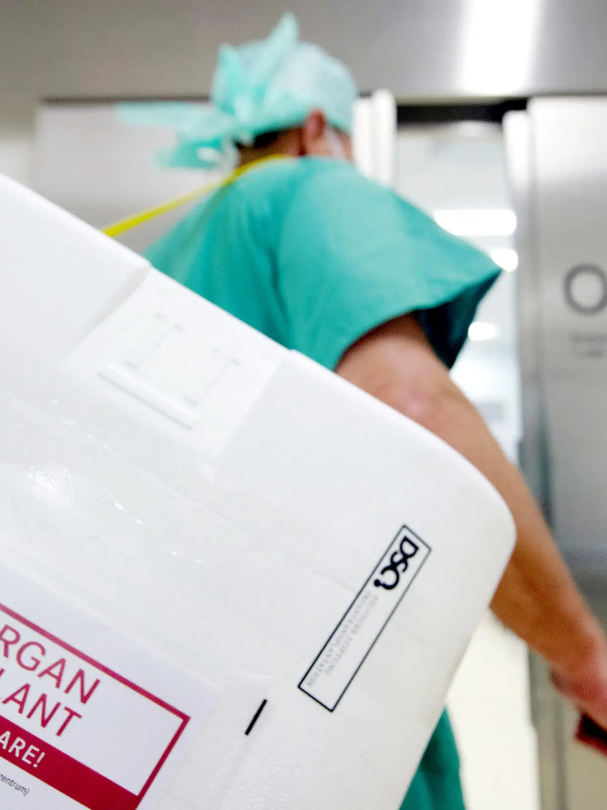 ARCHIV - 28.09.2012, Berlin: Ein Styropor-Behälter zum Transport von zur Transplantation vorgesehenen Organen wird am Eingang eines OP-Saales vorbeigetragen. Die Deutsche Stiftung Organtransplantation veröffentlicht am Montag die Organspenden-Bilanz 2019. Foto: Soeren Stache/dpa +++ dpa-Bildfunk +++