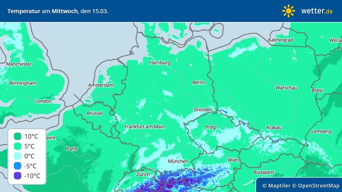 Die Grafik zeigt die Höchstwerte am Mittwoch, 15.03.2023