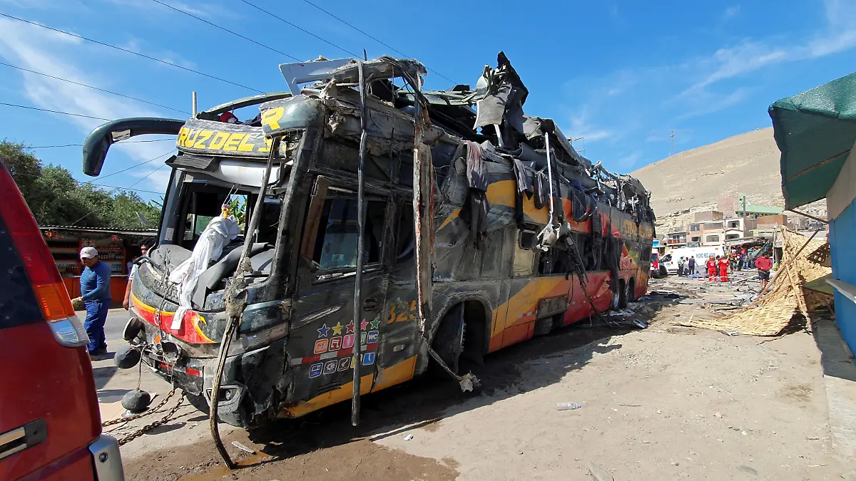 A general view shows the wreckage of a passenger bus that collided with other vehicles and rolled over, leaving several victims, in Arequipa, Peru January 6, 2020. REUTERS/Javier Santiago NO RESALES. NO ARCHIVES.