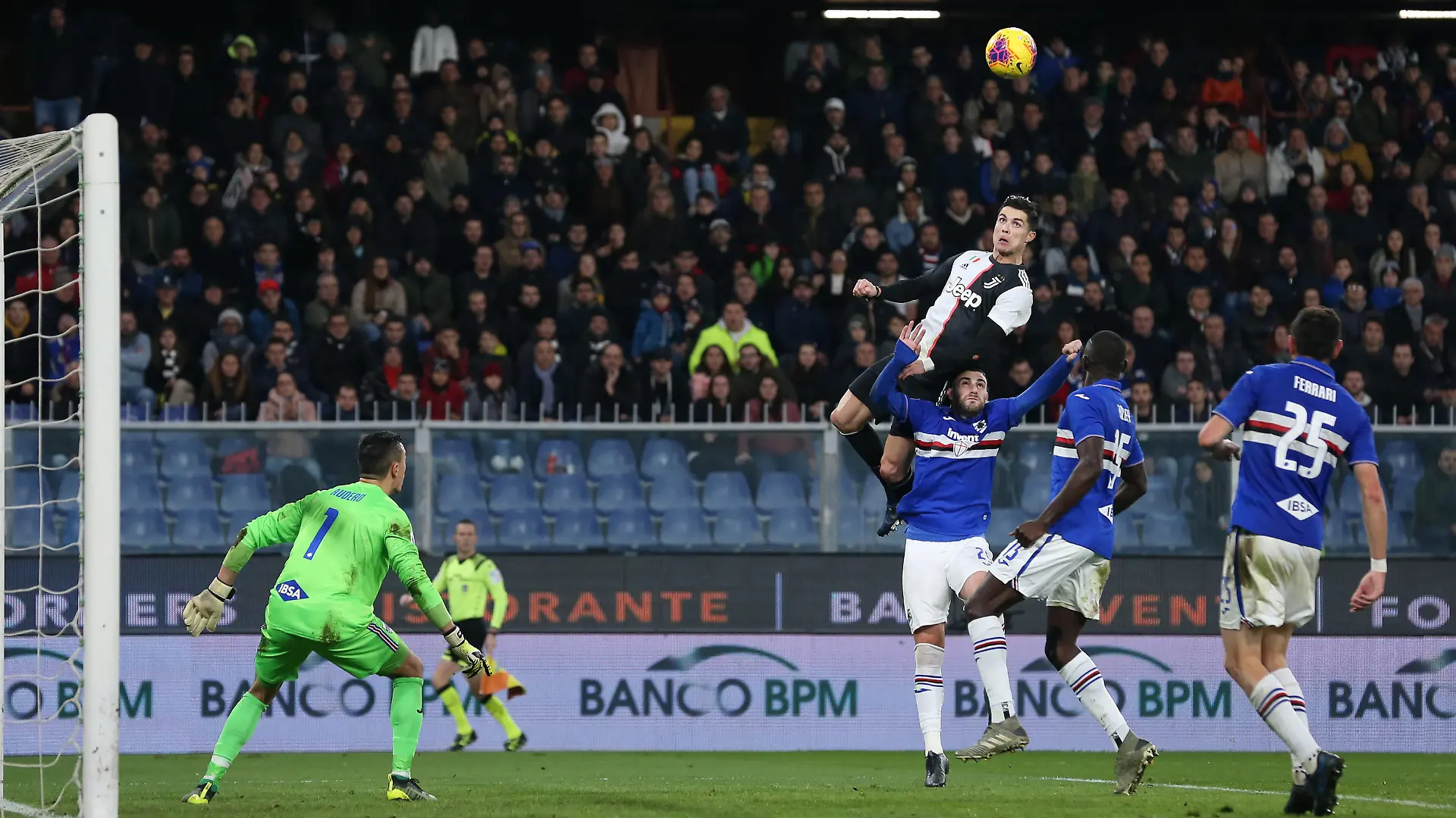 Cristiano Ronaldo of Juventus climbs above Nicola Murru of Sampdoria to head the ball past Emil Audero in the Sampdoria to give the side a 2-1 lead during the Serie A match at Luigi Ferraris, Genoa. Picture date: 18th December 2019. Picture credit should read: Jonathan Moscrop/Sportimage PUBLICATIONxNOTxINxUK SPI-0378-0019