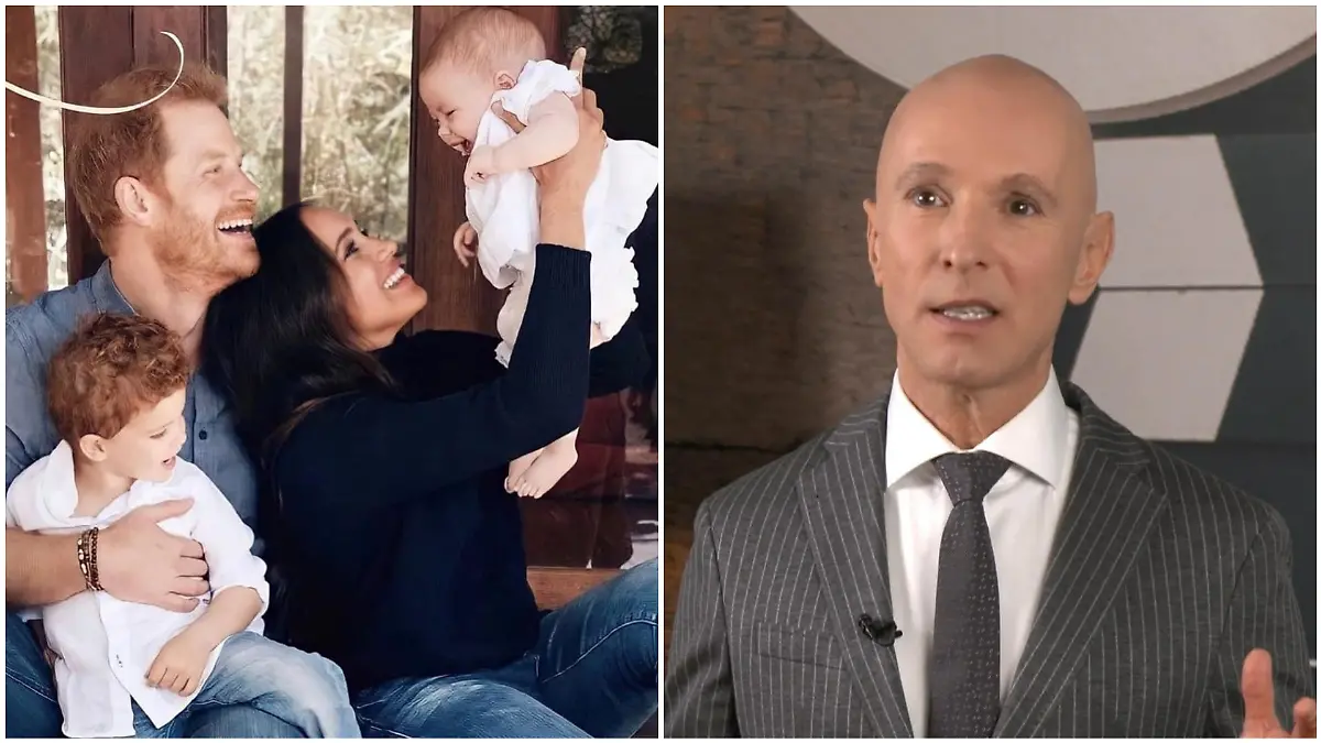 Collage, v.l.: Familienfoto mit Prinz Harry, Prinz Archie, Herzogin Meghan & Prinzessin Lilibet; RTL-Adelsexperte Michael Begasse schaut ernst in eine Kamera.