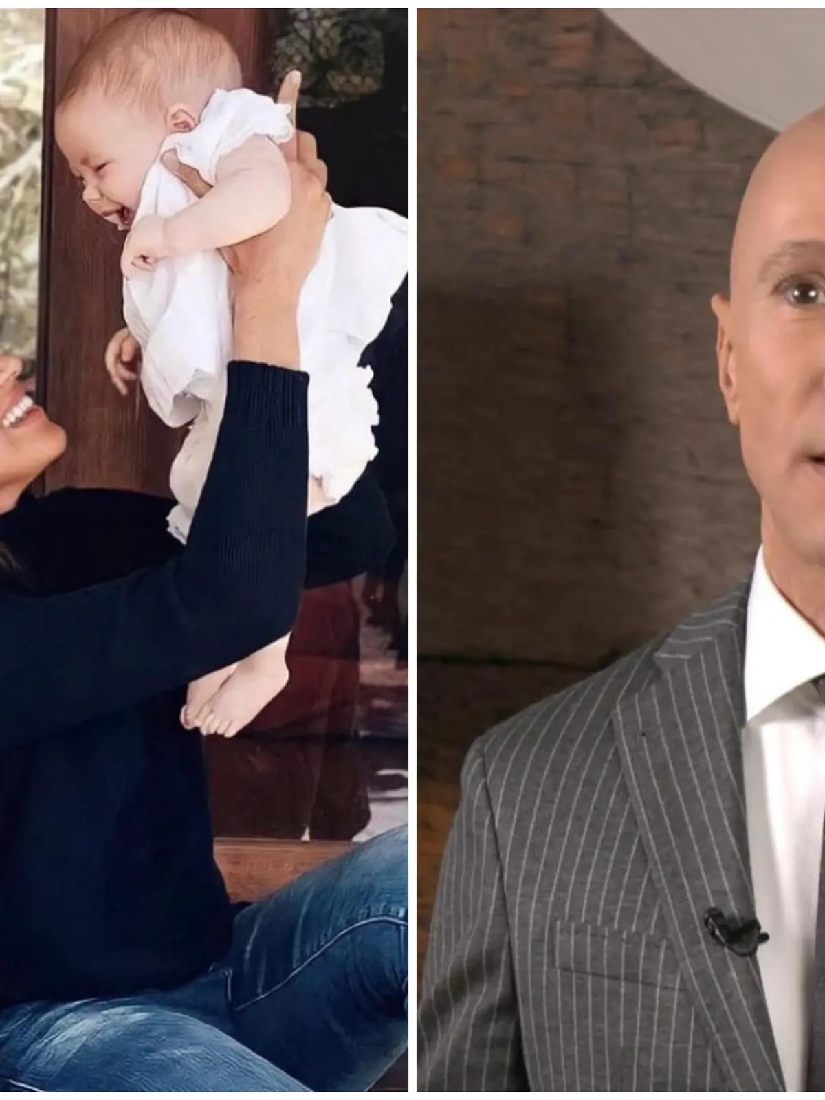 Collage, v.l.: Familienfoto mit Prinz Harry, Prinz Archie, Herzogin Meghan & Prinzessin Lilibet; RTL-Adelsexperte Michael Begasse schaut ernst in eine Kamera.