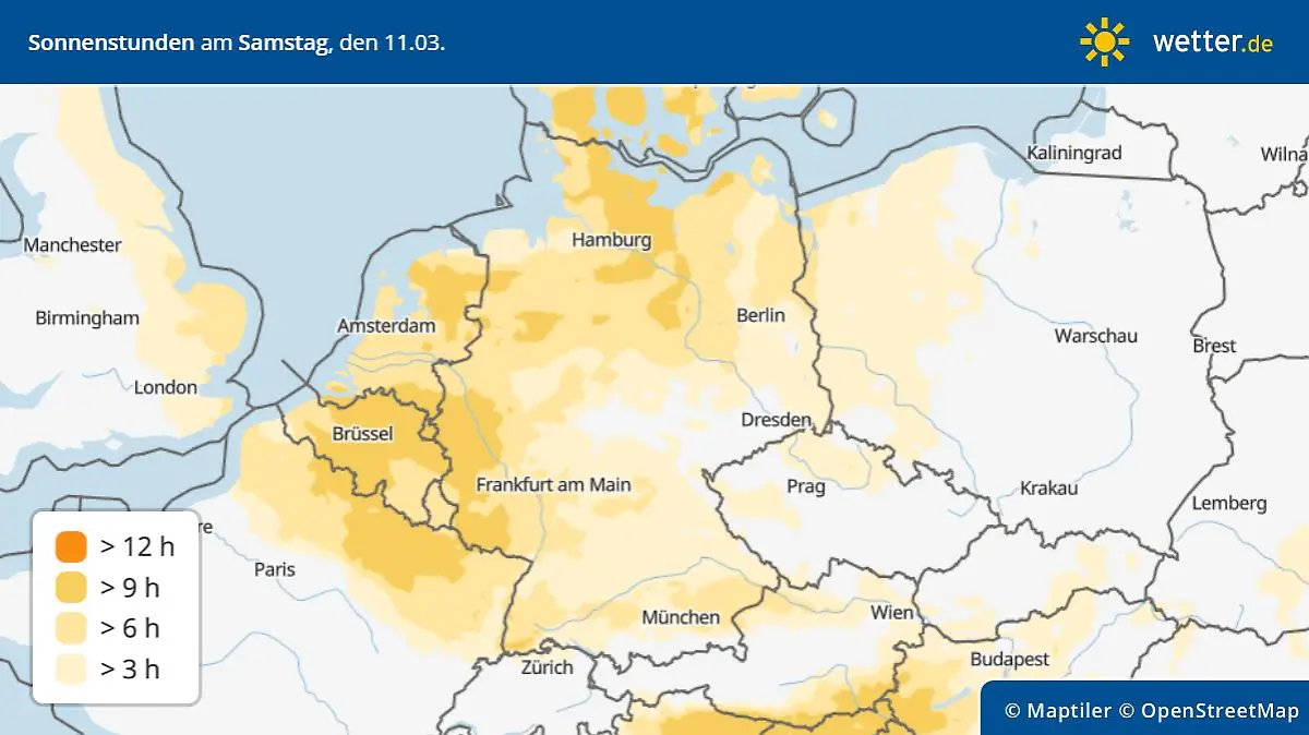 Die Grafik zeigt die Sonnenscheindauer am Samstag, 11.03.2023
