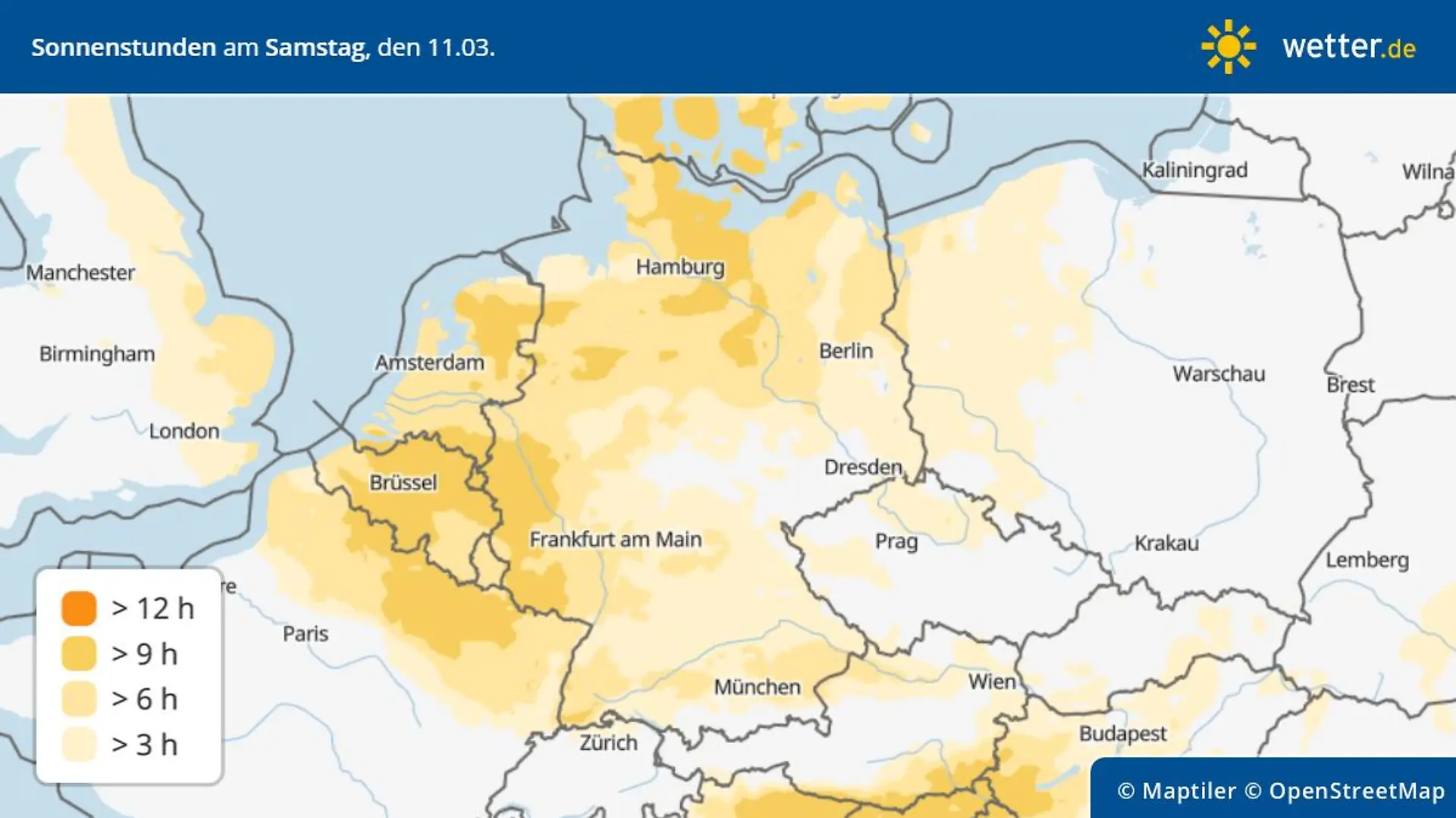 Die Grafik zeigt die Sonnenscheindauer am Samstag, 11.03.2023