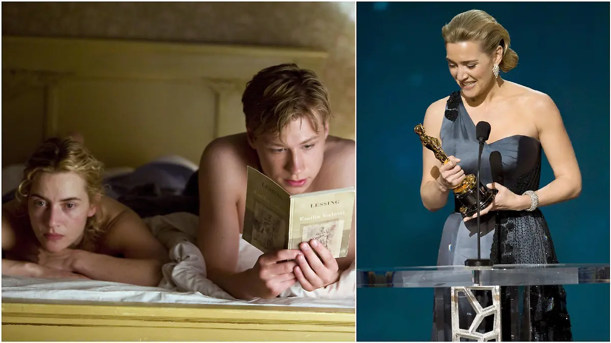 Kate Winslet und David Kross in "Der Vorleser" und Kate Winslet und ihr Oscar