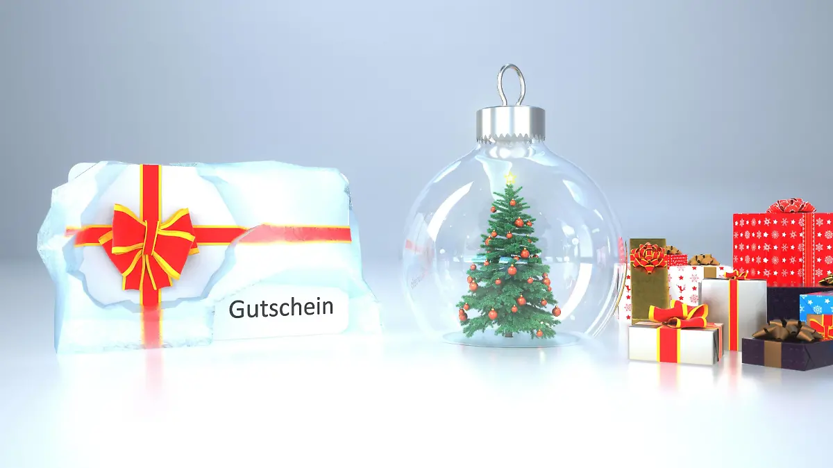 Gutschein Ice Christmas Tree Snow Ball German text Gutschein, translate Coupon. 3d illustration.