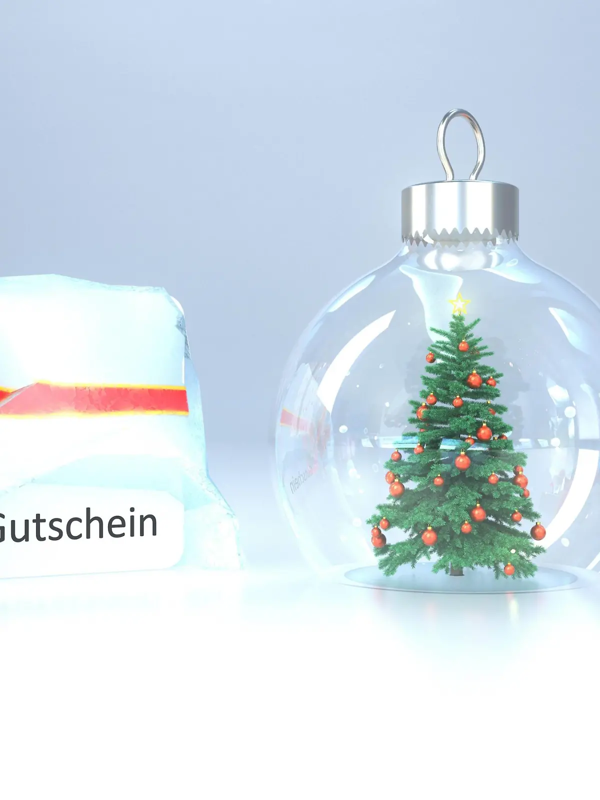  Gutschein Ice Christmas Tree Snow Ball German text Gutschein, translate Coupon. 3d illustration.