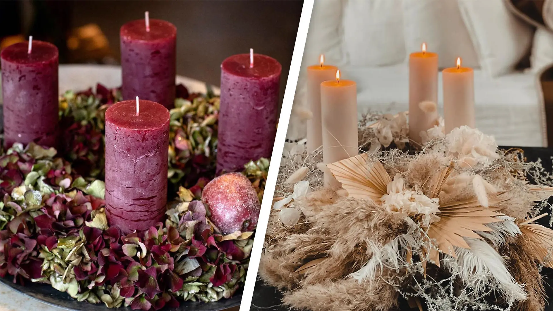 Adventskränze mit Hortensien und Pampasgras