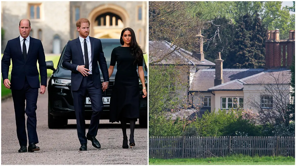 Collage, v.l.: Prinz William, Prinz Harry & Herzogin Meghan laufen nebeneinander her und schauen ernst; Foto von Frogmore Cottage
