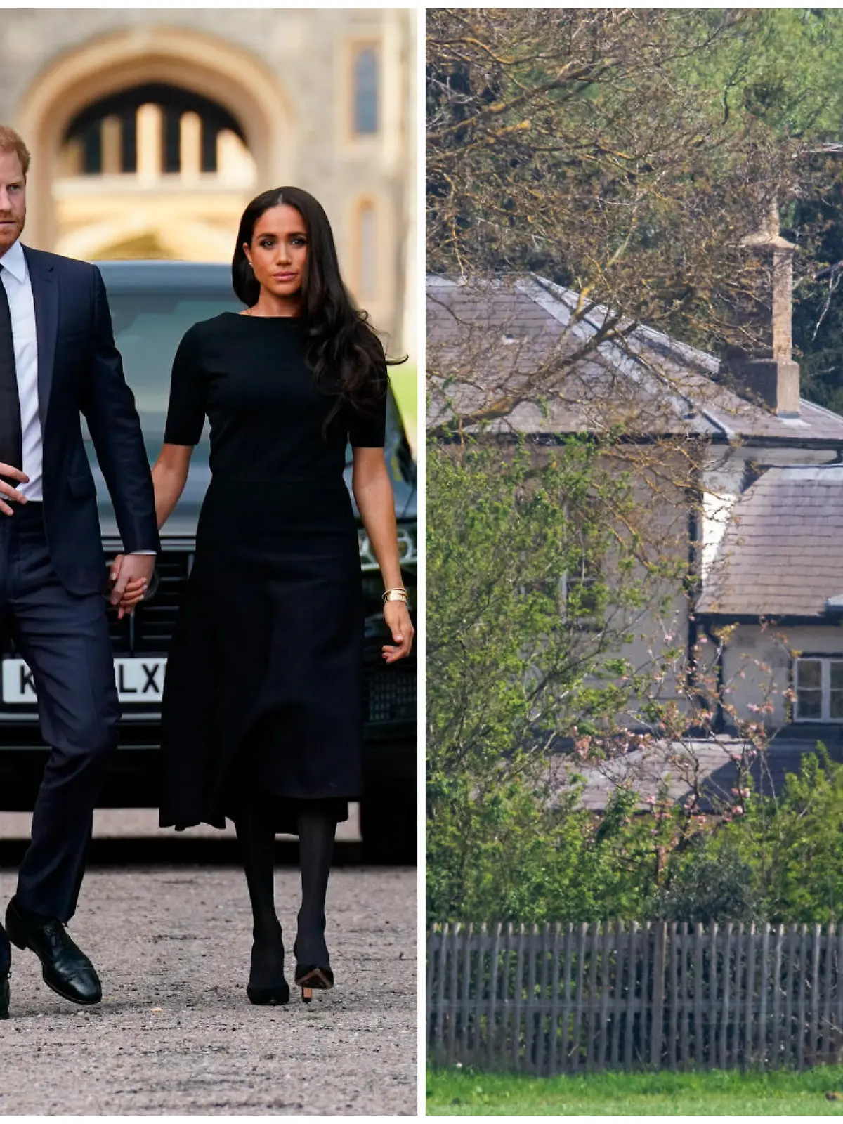 Collage, v.l.: Prinz William, Prinz Harry & Herzogin Meghan laufen nebeneinander her und schauen ernst; Foto von Frogmore Cottage