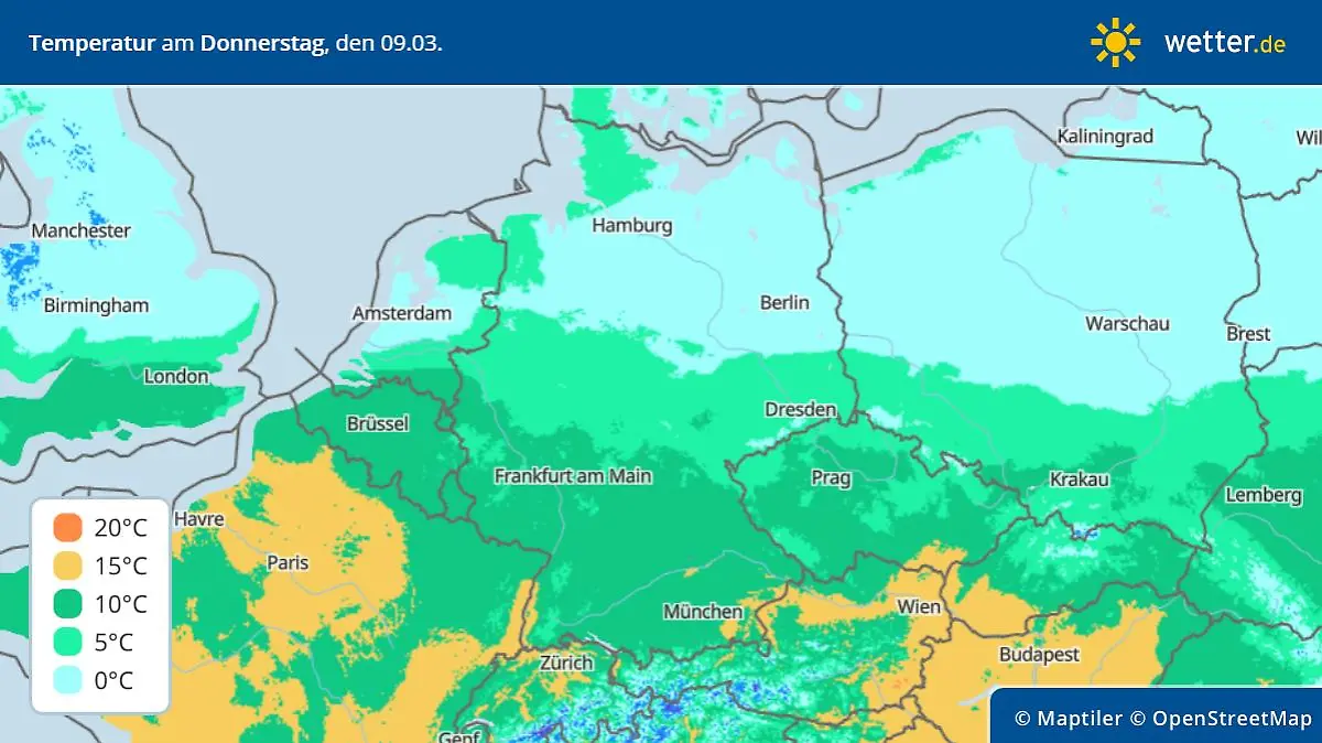 Die Grafik zeigt die Höchstwerte am Donnerstag, 09.03.2023