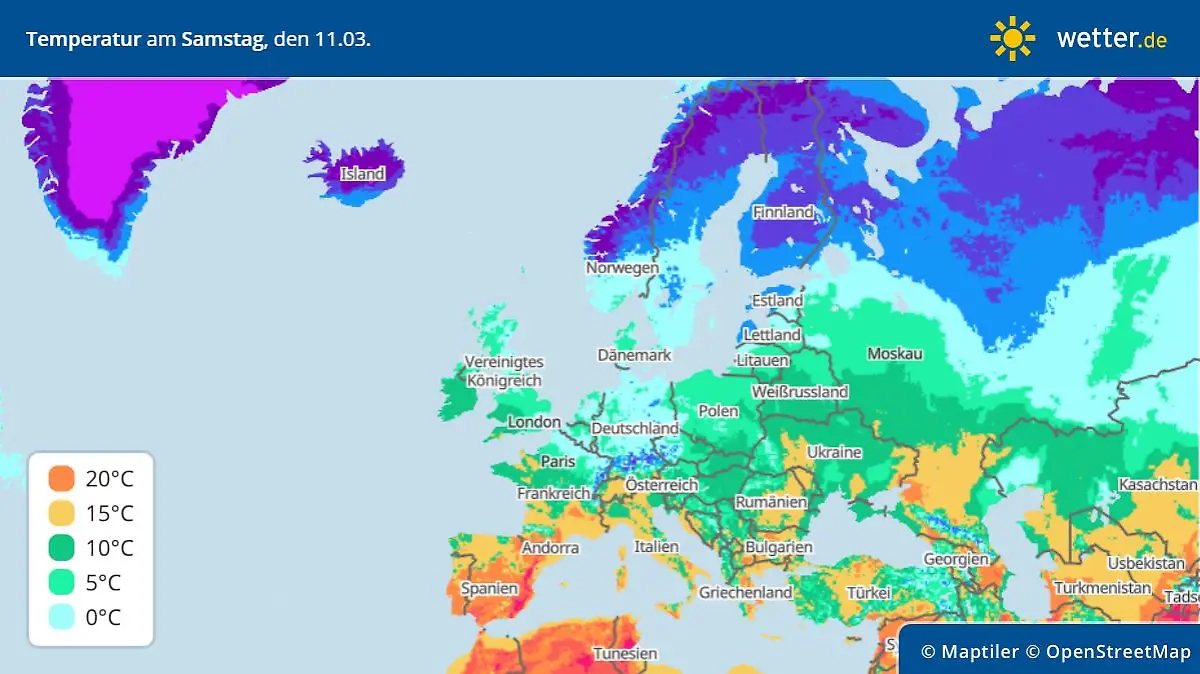 Die Grafik zeigt die Höchstwerte in Europa am Samstag, 11.03.2023