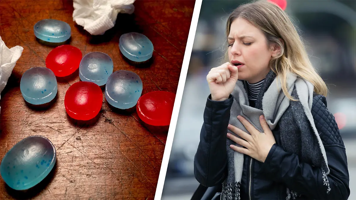 Hustenbonbons und hustende Frau