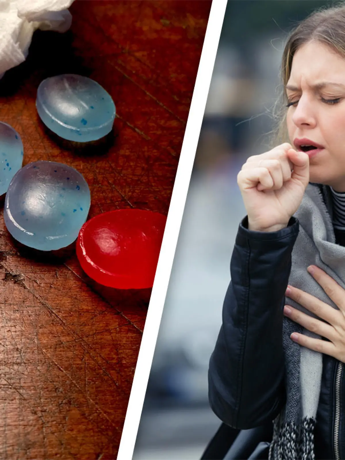 Hustenbonbons und hustende Frau