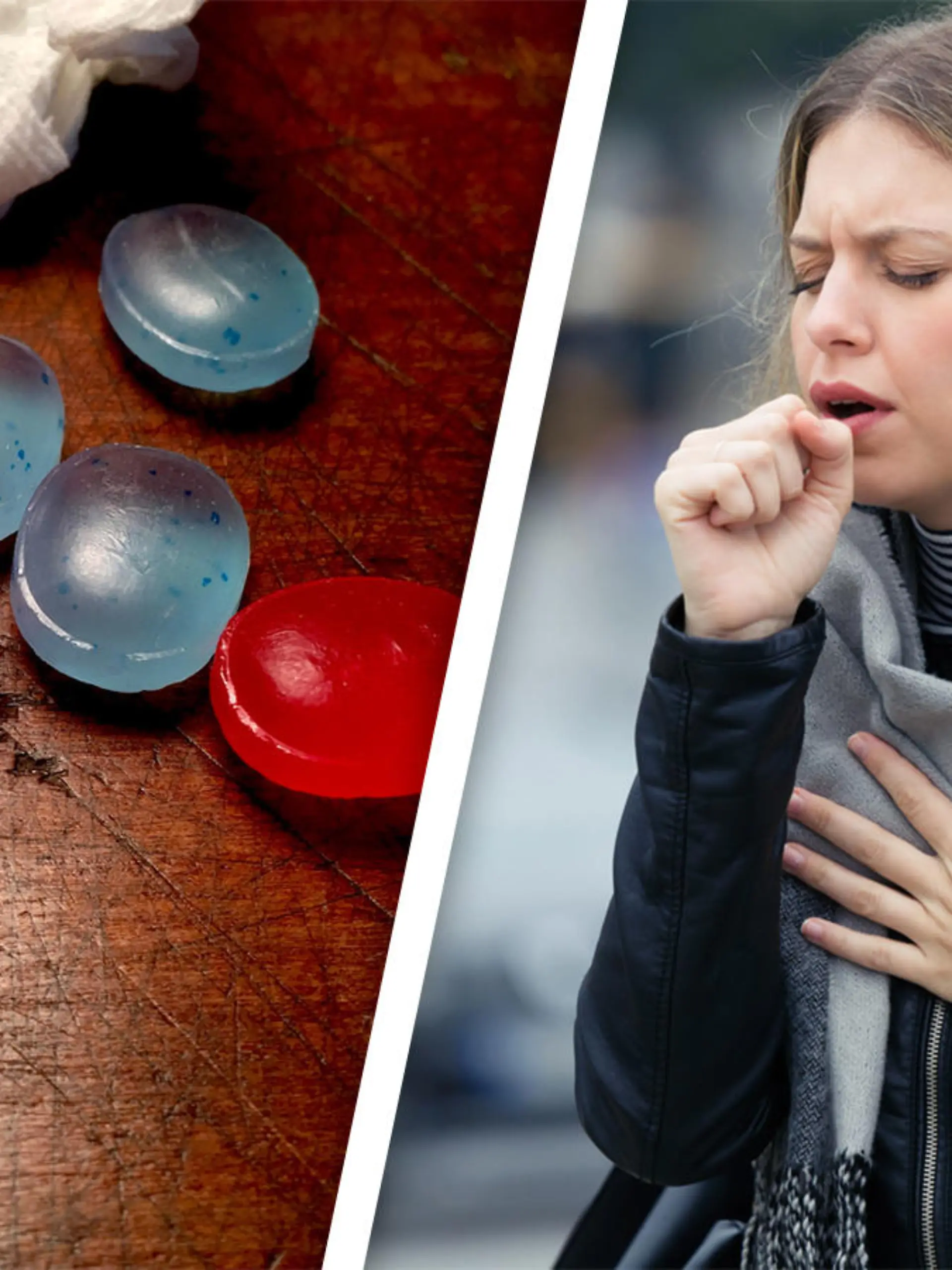 Hustenbonbons und hustende Frau
