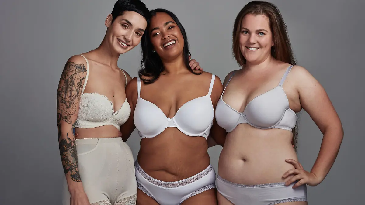 Shot of three young women posing in their underwear against a grey background