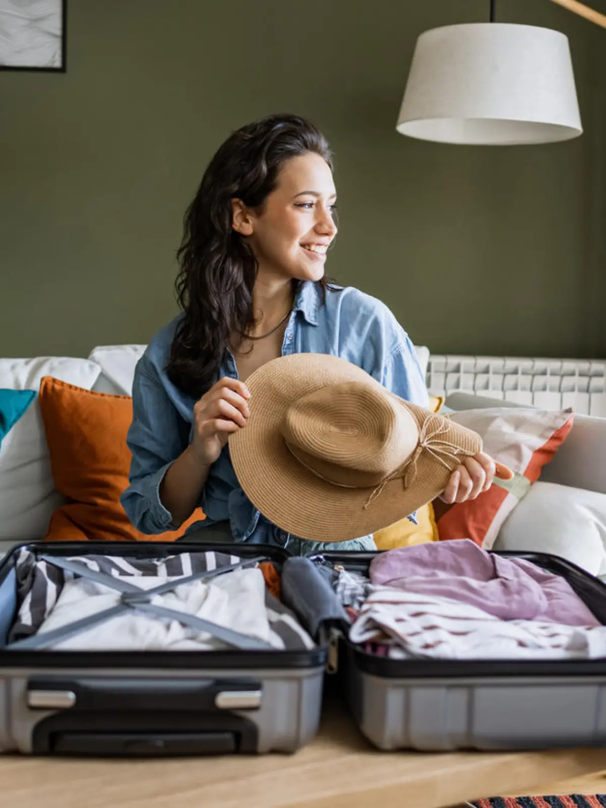 Young woman sitting on the couch and packing suitcase. She is holding a straw hat in her hands