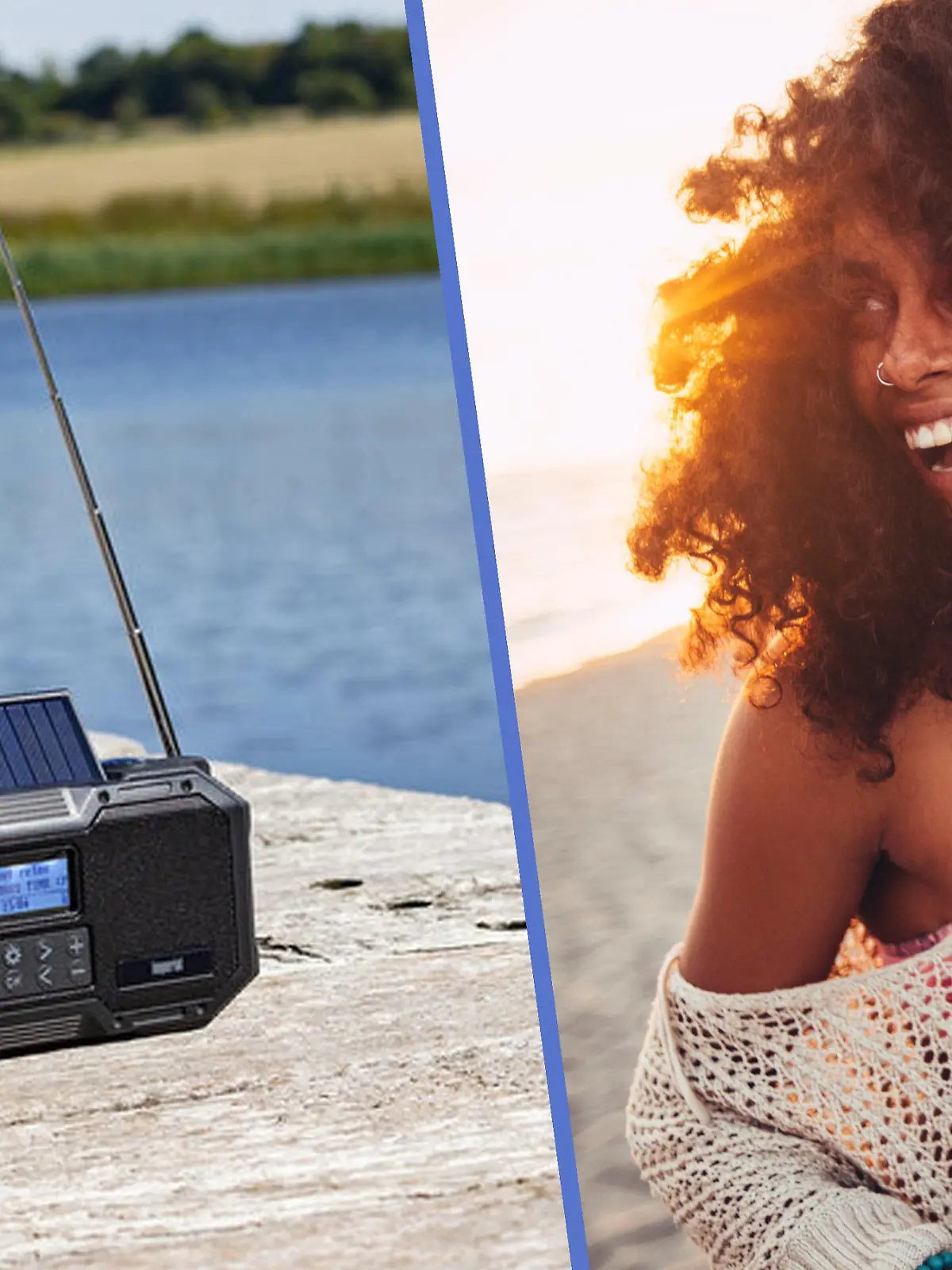 Kurbelradio auf eine Steg am Wasser, Frau die sich freut
