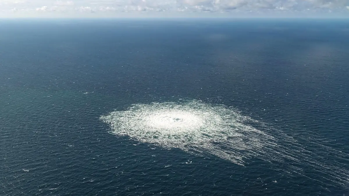 View taken from a Danish F-16 interceptor of the Nord Stream 2 gas leak just south of Dueodde, Denmark, on Tuesday, September 27, 2022. This leak is one of three on the Nord Stream gas pipelines in the Baltic Sea the other two are located on Nord Stream 1 northeast of Bornholm. The Danish Navy has established prohibition zones around the leaks for the safety of ship and air traffic. 1 WAX2022092804 DANISHxDEFENCE 